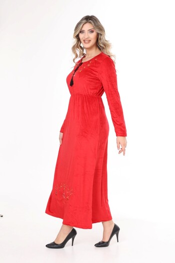 mervemoda Women's Red collar embroidery velvet dress