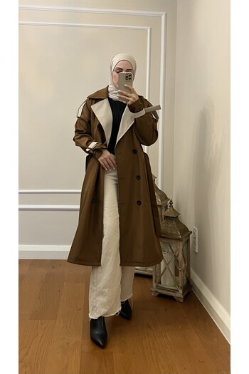 Esre Store 4425 Double Color Hijab Trench Coat Brown - Beige