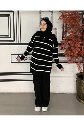 İmajButik Collar Zippered Striped Knitwear Set
