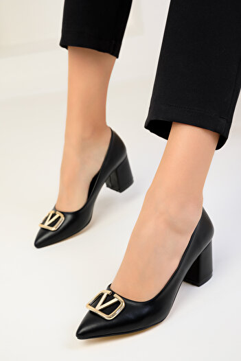 SOHO Black-Gold Women's Classic Heeled Shoes 18438