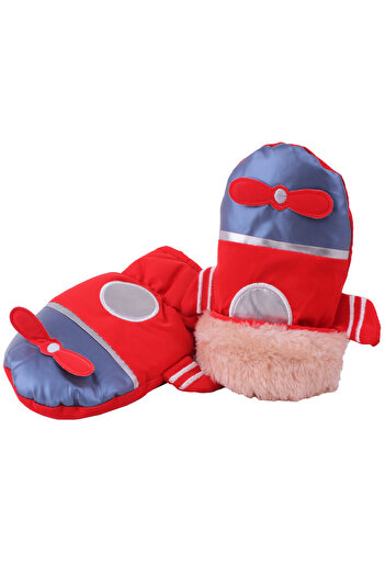İşnar 2-4 Years Red Blue Propeller Airplane Patterned Fingerless Children's Snow Gloves - Model 0051