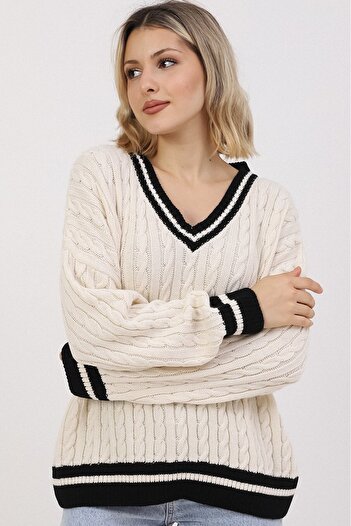 VEGENZE Women's Vanilla-Black V-Neck Hair Knitted Pattern Knitwear Sweater