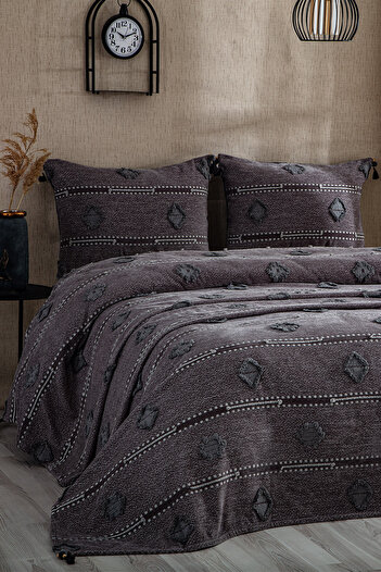 Evlen Home Collection Katre Cotton Double (Pique Set) Bedspread Battal Dowry Set 3 Pieces Anthracite
