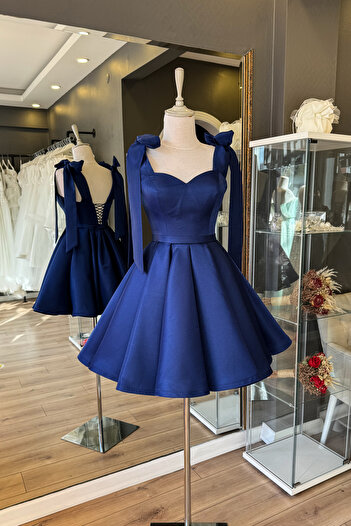Lenta Moda Lacivert Omuzdan Bağlamalı Mini Saten Abiye ve Gece Elbisesi