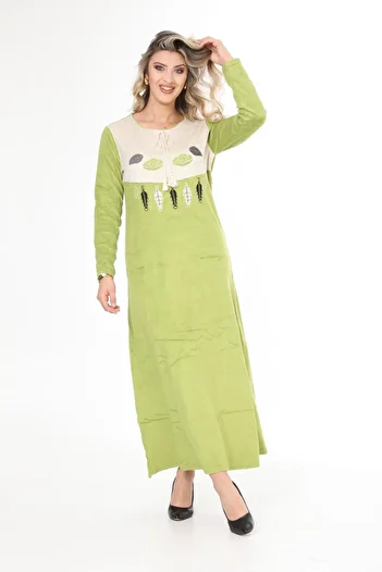 mervemoda Γυναικείο βελούδινο φόρεμα με κέντημα με πράσινο γιακά