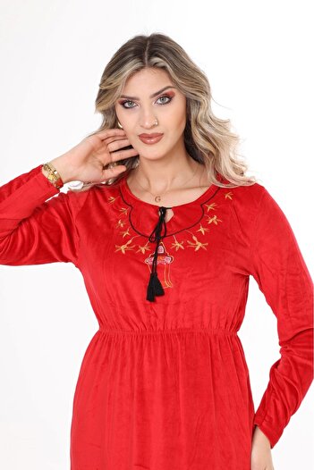 mervemoda Women's Red collar embroidery velvet dress