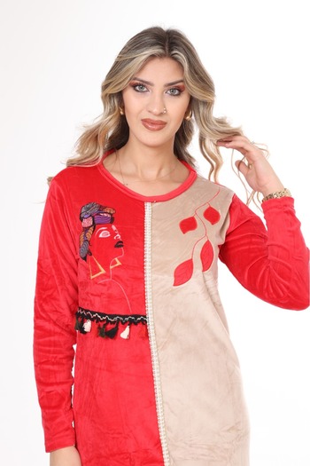 mervemoda Women's Red velvet dress