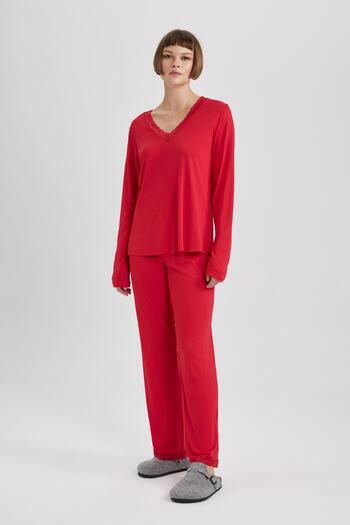 DeFacto Fall In Love V Yaka Dantelli Uzun Kollu Pijama Takımı W4126az23wn