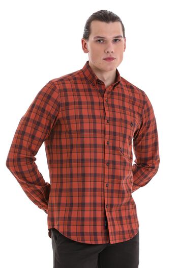 Hatemoğlu Tile Comfort Fit Checkered 100% Cotton Button Collar Long Sleeve Classic Shirt