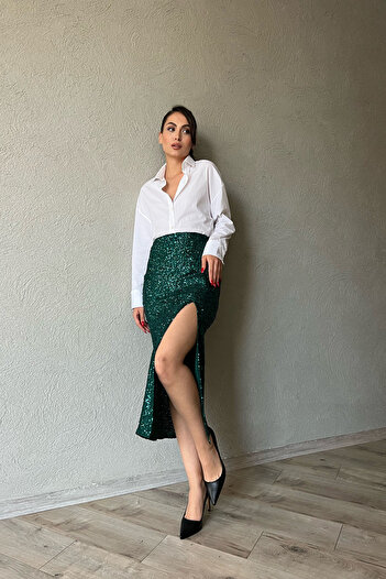 Seda Yalçın Atelier Petrol Green Sequined Zippered Slit Detailed Midi Skirt