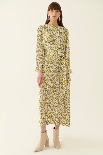 Perspective Jesmiel Regular Fit Crew Neck Below Knee Floral Patterned Pistachio Green Color Dress