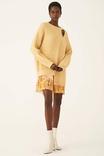 Perspective Mayra Regular Fit U-Neck Strap Above Knee Honey Color Knitwear Dress