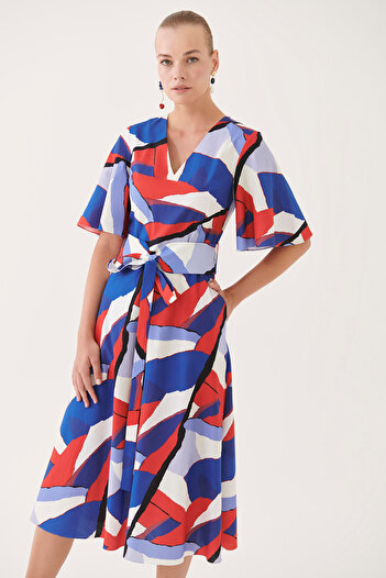 Perspective Lauri V-Neck Geometric Patterned Regular Fit Midi Dress - Multi Color