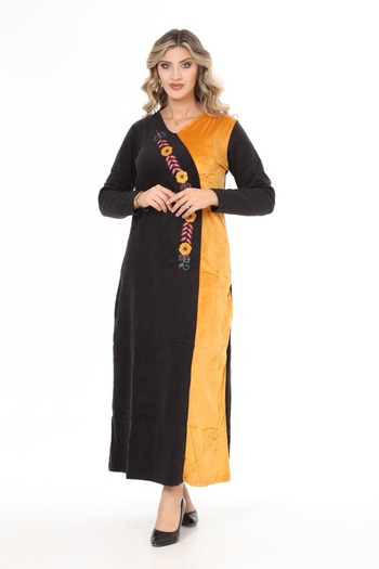 mervemoda Women's Mustard Collar Embroidery Detailed Velvet Dress