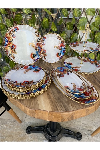 GÜRCÜGLASS Breakfast Set 17 Pieces Gold White Flower