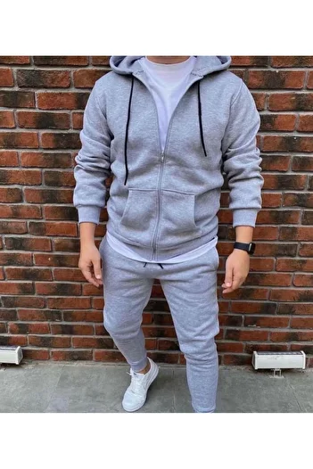 WEARTEX Unisex Unprinted New Season Cotton Hooded Zipper Jacket Sweatpants Set of 2