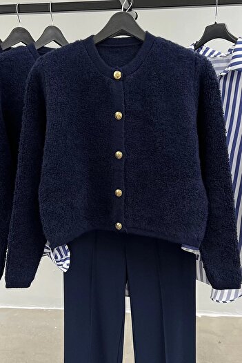 winter club Kadın Bisiklet Yaka Gold Düğmeli Teddy Hırka