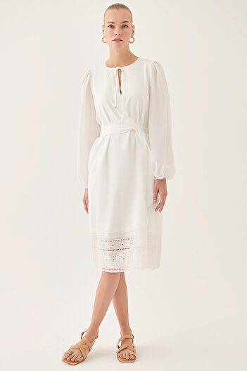 Perspective Madis Comfortable Fit Crew Neck Below Knee Ecru Color Dress