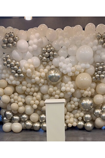 Çemrek Süs Parti White gold chrome retro white and sea sand balloon chain set 60 pieces of balloons