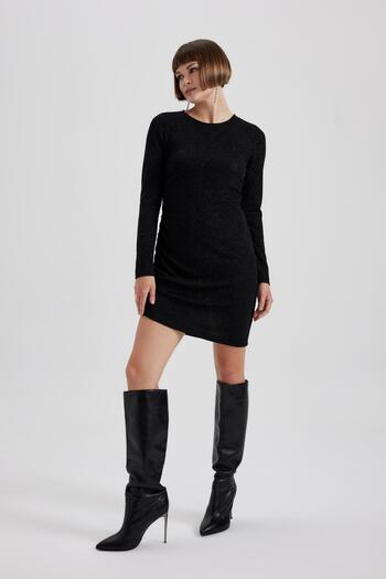 DeFacto Bodycon Vücudu Saran Yuvarlak Yaka Parlak Kumaş Uzun Kollu Mini Elbise B6669ax23wn