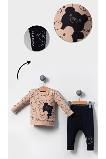 Bubito Happy Bears Patterned Cotton Baby Bottom and Top Set-brown