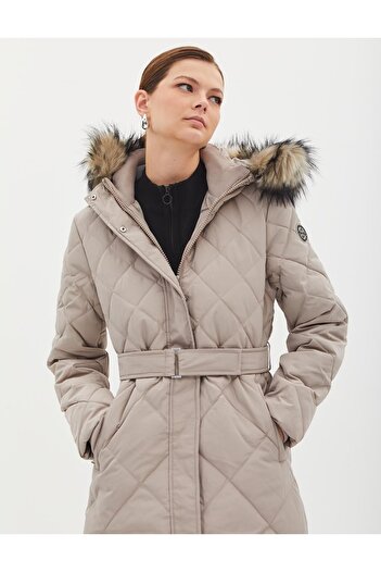 Kayra Diamond Patterned Faux Fur Goose Down Coat A23-27003