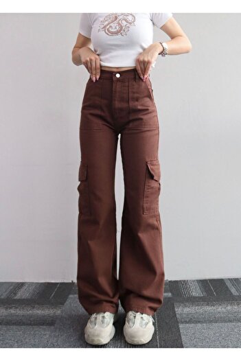 LAMİRA COFFEE Cargo Pocket Palazzo Box Denim Trousers Jean