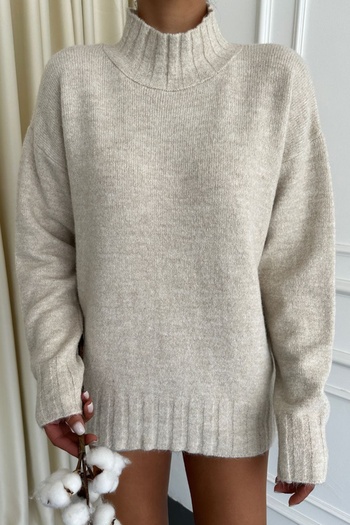 bayansepeti Wide Oversize Long Sleeve Stand Collar Medium Length Beige Sweater 2777