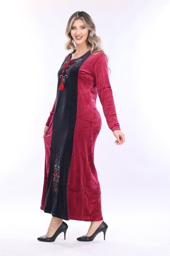 mervemoda Γυναικείο μακρύ βελούδινο φόρεμα με γιακά μπορντό