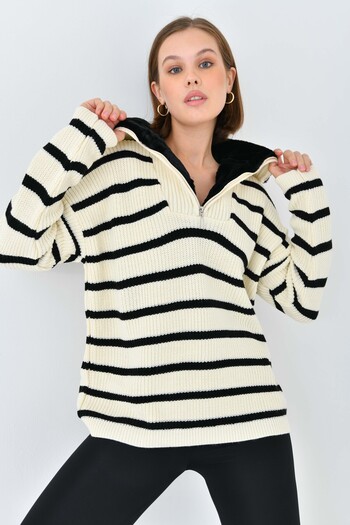 VOLT CLOTHİNG Women's Collar Fur Zipper Striped Knitwear Sweater