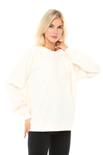 defys Women's Crew Neck Sleeve Detailed Oversize Fit Basic Sweatshirt Ekru