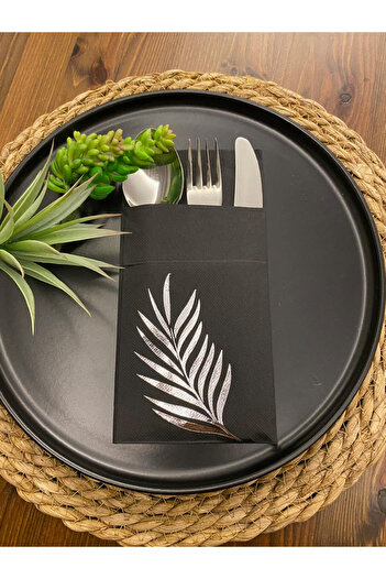 kidspartim 12-Piece Silver Gilded Black Leaf Pocket Napkin - 40x40