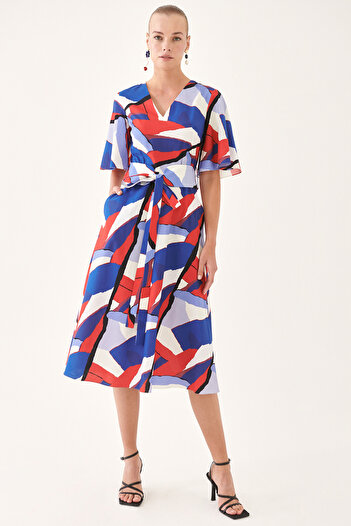 Perspective Lauri V-Neck Geometric Patterned Regular Fit Midi Dress - Multi Color