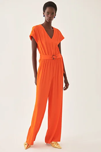 Perspective Helina Comfortable Fit V-neck Long Length Orange Color Jumpsuit
