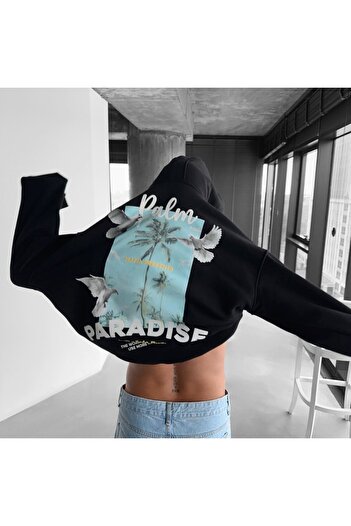 Benisengiydir Black Palm Paradise Printed Hooded Oversize Sweatshirt Men
