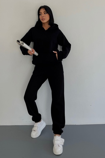 vuvutasarım Kangaroo Pocket Hooded Detailed Sweatshirt and Elastic Leg High Waist Black Tracksuit Set 400