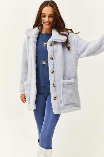 Olalook Women's Baby Blue Buttoned Pocket Unlined Oversize Plush Jacket CKT-19000328