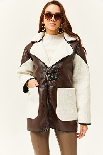 Olalook Women's Brown Plush Garnished Faux Leather Coat MNT-19000039