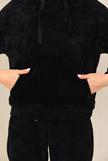 WestBound Women's Black Color Corded Soft Velvet Tracksuit Set