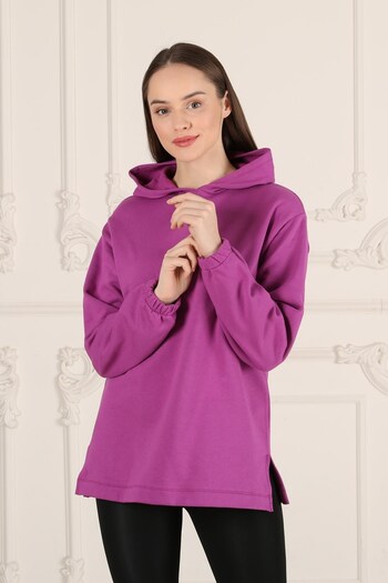 Seamoda Purple Hooded Slit Large Size Women's Daily Use Sweatshirt