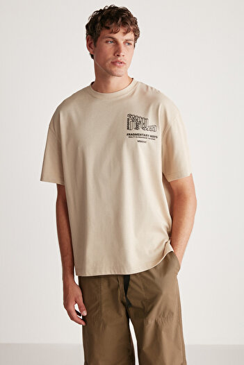 GRIMELANGE Beal Men - Back Printed Oversize Beige T-shirt 100% οργανικό βαμβάκι