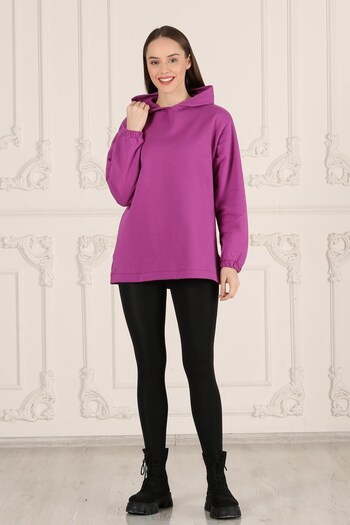 Seamoda Purple Hooded Slit Large Size Women's Daily Use Sweatshirt