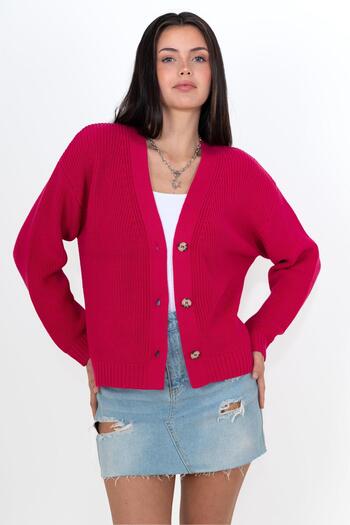 CHUBA Women's Cotton Buttoned V-Neck Thessaloniki Cardigan Fuchsia 24W147