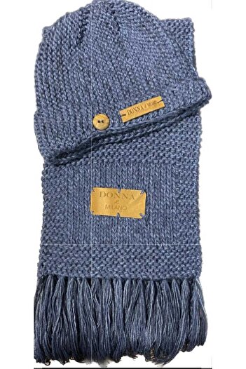 donna e milano Wool Hand Knitted Melted Blue Scarf Beanie Set