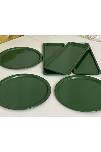 Elzem GREEN COLOR 6-PIECE RECTANGULAR AND ROUND MODEL SERVICE AND PRESENTATION TRAY METAL GREEN