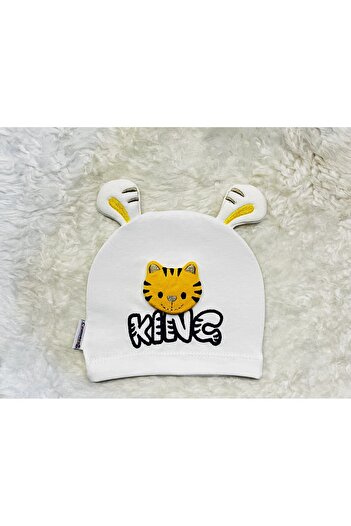 anne dokunuşu gibi KUZUM BEBE White Yellow 2-Piece Lion Figured Girl Boy Baby Kids Combed Cotton Hat Beanie