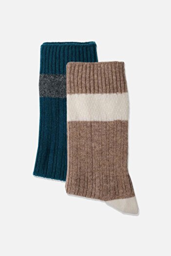 Aytuğ Kadın Lambswool (Koyun Yünü) 2 Çift Petrol/Bej Soket Çorap - A 45020 PB
