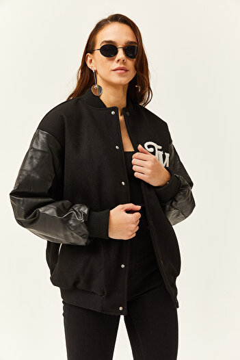 Olalook Women's Black Lined Faux Leather Garnished Pocket Oversize Bomber Jacket CKT-19000374