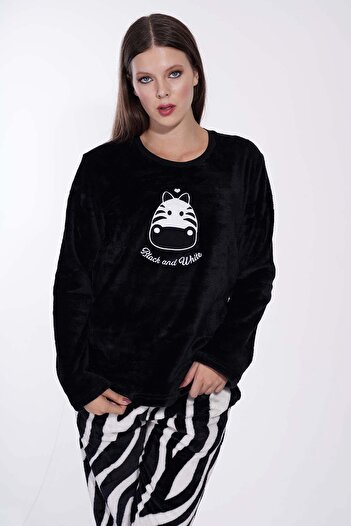 VİENETTA Women's Long Sleeve Welsoft Black Pajamas Set C3T0N3O059