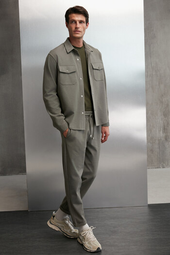 GRIMELANGE Walsh Men's Pique Look Special Fabric Flexible Double Leg Corded Elastic Waist Khaki Trousers